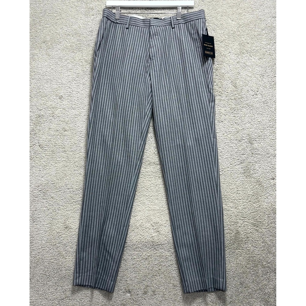 River Island Dress Pants Mens 34x32 Gray Striped Viscose Skinny Fit Business